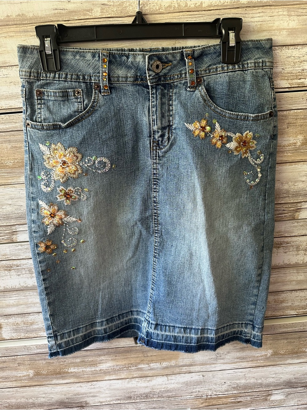🌼 Angels Jeans Denim Skirt Size 9 Floral Embroidered Beaded Y2K Midi